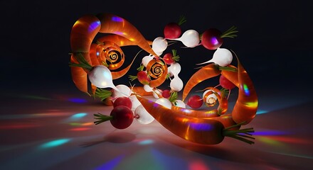 Abstract Swirl of Carrots, Radishes, and Kaleidoscopic Light on Dark Background