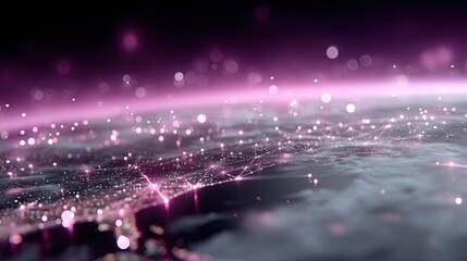 Glowing Pink Digital Network over Earth Futuristic Background with Global Connections and Cloudscape