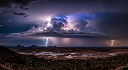 Desert Landscape Illuminated by Lightning During a Dramatic Thunderstorm at Night