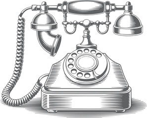 Vintage telephone illustration in woodcut engraving style with detailed black line work, retro vector design