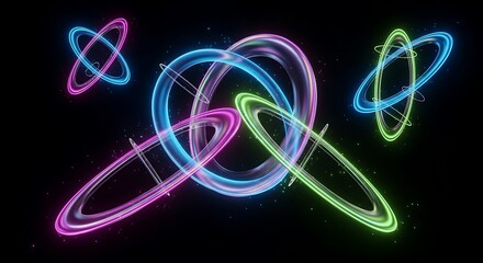 Colorful Neon Rings Orbiting in Space, Abstract Light Trails on Black Background