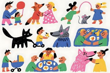 Colorful illustration of children and animals playing together in various scenes and activities