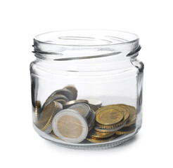 Glass jar with money isolated on white