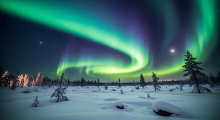 Aurora Borealis Displaying Over Snowy Forest with Stars and Crescent Moon at Night