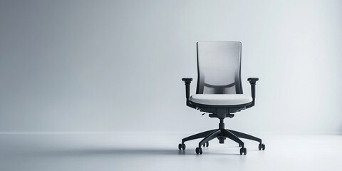 A pristine, minimalist office environment with a white background and a modern ergonomic office chair at its center, emphasizing the concepts of simplicity, efficiency, productivity, and readiness.