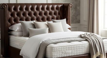 Elegant Brown Leather Tufted Headboard with White Bedding and Neutral Pillows Arrangement