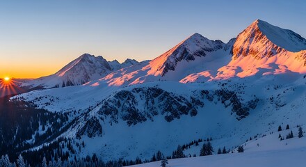 Golden Sunrise on Snowy Mountain Peaks and Evergreen Trees Winter Wonderland Landscape