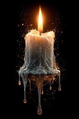  candle with melted wax and glowing flame in the dark. symbol of spirituality, mystery, and Halloween mood.