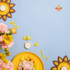 Diwali greeting card and poster template with cartoon diyas and rangoli, playful lanterns, editable vector design for children’s festival crafts, school invites, printable cards, family-friendly.