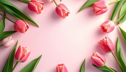 Vibrant pink tulips arranged elegantly on a soft pink background floral still life indoor setting aesthetic viewpoint nature's beauty