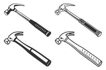 Naklejka premium Four hammers with different handle designs displayed on a white background in a black and white illustration silhouette