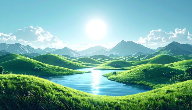 Lush green valley with a serene lake and mountains