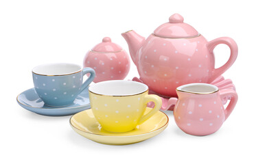 Beautiful tea set isolated on white. Child's toy