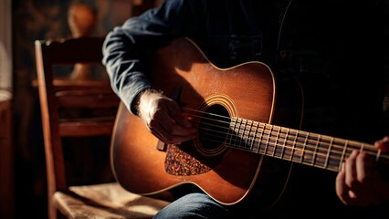 Obraz premium Young man playing acoustic guitar under warm lamplight in quiet room