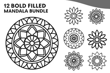 Collection of various floral mandala designs in black outline featuring geometric and organic patterns and shapes silhouette