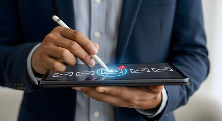 Man in suit using stylus on tablet showing email icons and notification with twelve unread messages
