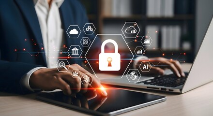 Man in suit using tablet and laptop with digital security and data protection icons overlaid image