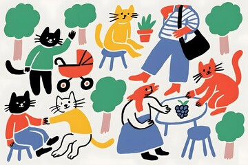 Whimsical cat life scene with people and cats enjoying a day in the park together