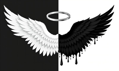 Angel and Demon Wings with Halo on Black and White Background
