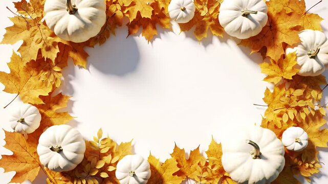 Autumnal Frame White pumpkins and golden leaves create a cozy fall season concept border, perfect for seasonal designs