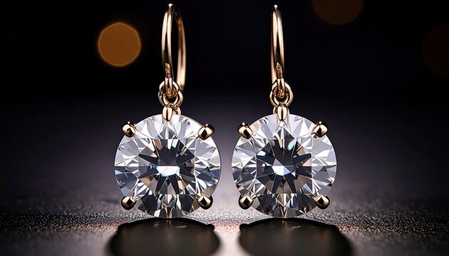 Gold dangle earrings, large round diamonds