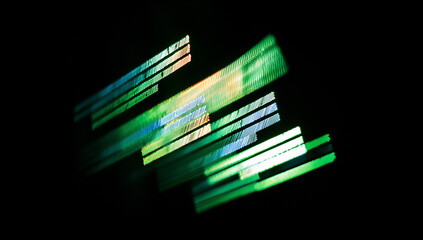Fototapeta premium Abstract composition of vibrant green and blue rectangles and lines. The striking visual against a dark backdrop creates a modern and dynamic aesthetic
