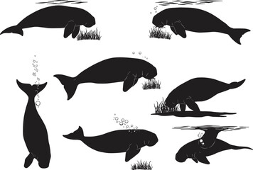 PrintManatee silhouette illustration, underwater sea cow vector, aquatic mammal design, marine wildlife art, ocean conservation graphic, swimming animal clipart, nature drawing