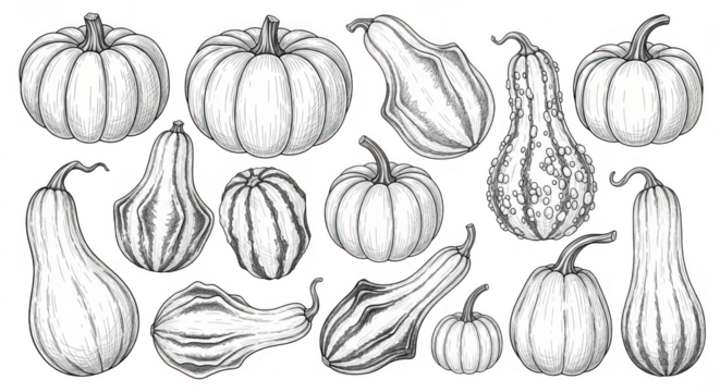 A diverse assortment of pumpkins and gourds, showcasing various shapes and textures in a detailed sketch isolated on transparent background