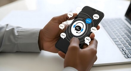 Person holding a smartphone with a customer service graphic overlay and a laptop in the background