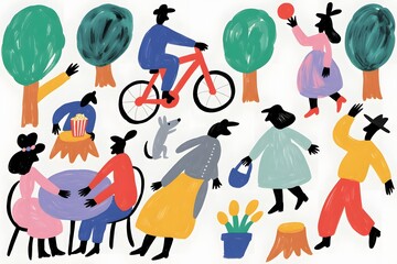 Fototapeta premium People enjoying activities in the park with trees and a dog on a bright sunny day illustration