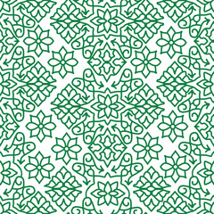 Vector seamless arabesque pattern with floral and geometric ornament in green and white.