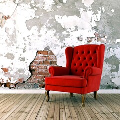 Red armchair in a room with exposed brick and distressed plaster