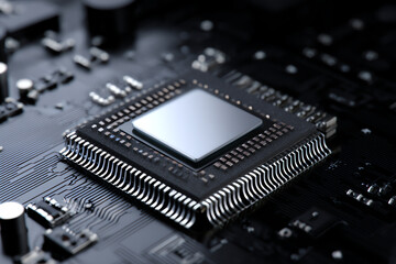 Central Processing Unit: A close-up view of a sleek and powerful CPU chip, a key component of modern technology, showcasing its intricate details and advanced circuitry.