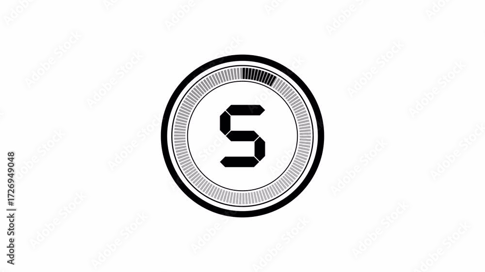 Poster minimalistic circular countdown digital electronic timer counting down from 10 seconds to 0 with whi