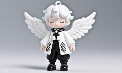 Angelic Anime Figurine with Wings Standing on Seamless Gray Background Still