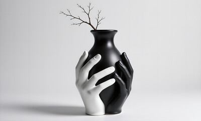 Abstract vase with black and white hand sculpture holding bare branch.