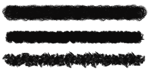 Three thick black brush stroke textures with rough edges, isolated on transparent background