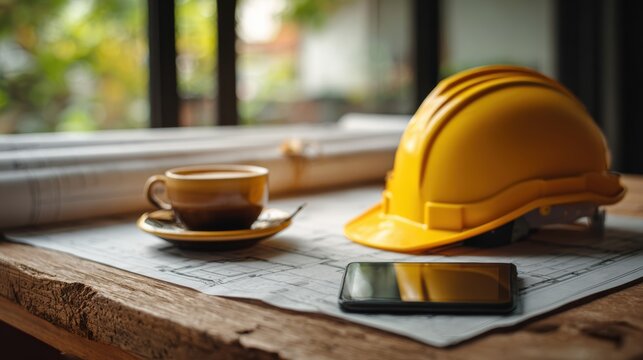 A construction scene featuring a yellow hard hat, blueprints, a smartphone, and a coffee cup on a wooden table.