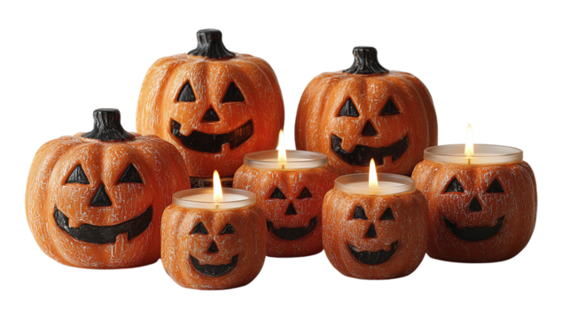Group of 5 jack-o’-lanterns with candles inside, isolated on transparent background 