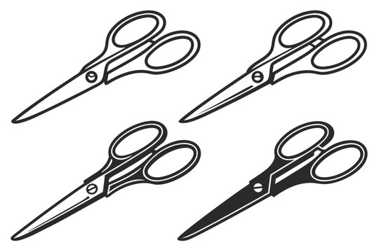 Four scissors in various styles and orientations displayed in a monochromatic vector graphic format image silhouette