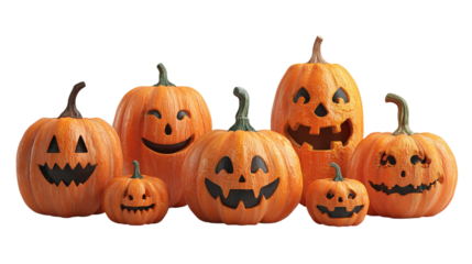 Group of 5 jack-o’-lanterns with different carvings, isolated on transparent background 