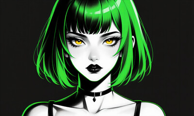 Stylish Woman with Green Hair and Yellow Eyes Digital Art Portrait