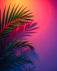 Green palm leaves and their shadows on a vibrant tropical gradient of purple, pink, and orange, creating a modern summer or synthwave background