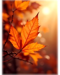 A close-up of a vibrant orange maple leaf, backlit by the warm autumn sun, creating a beautiful and peaceful seasonal background.