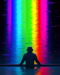 A person with headphones sits before a vibrant rainbow waterfall of digital noise and glitch art, representing music, technology, and data streams.