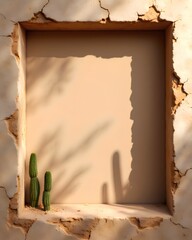 A rustic, cracked adobe wall niche with a small cactus, creating a natural frame with soft shadows. A warm, minimalist desert-themed background.