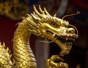 Golden dragon statue head close-up