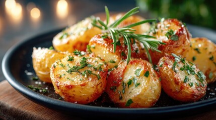 Golden Roasted Potatoes with Rosemary and Parsley on Black Plate Culinary Food Photography