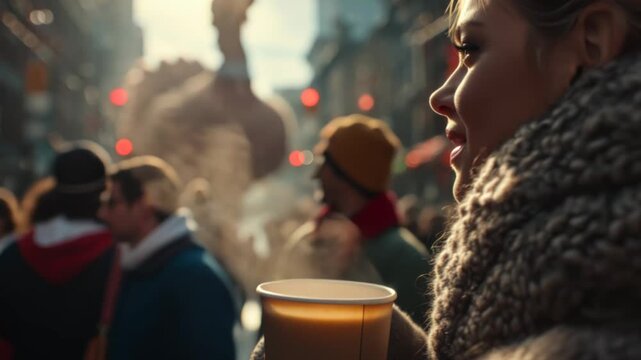 Crowds enjoy Thanksgiving Day Parade with giant balloon in city street