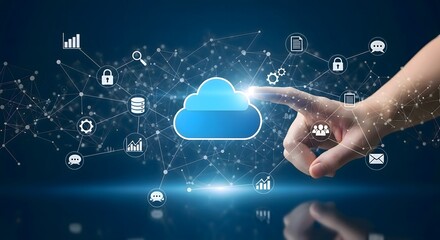A hand touching a cloud icon surrounded by data and security icons connected by a network of lines
